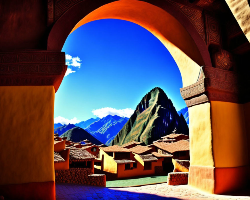 Sunlit Machu Picchu View Through Archway on Clear Day