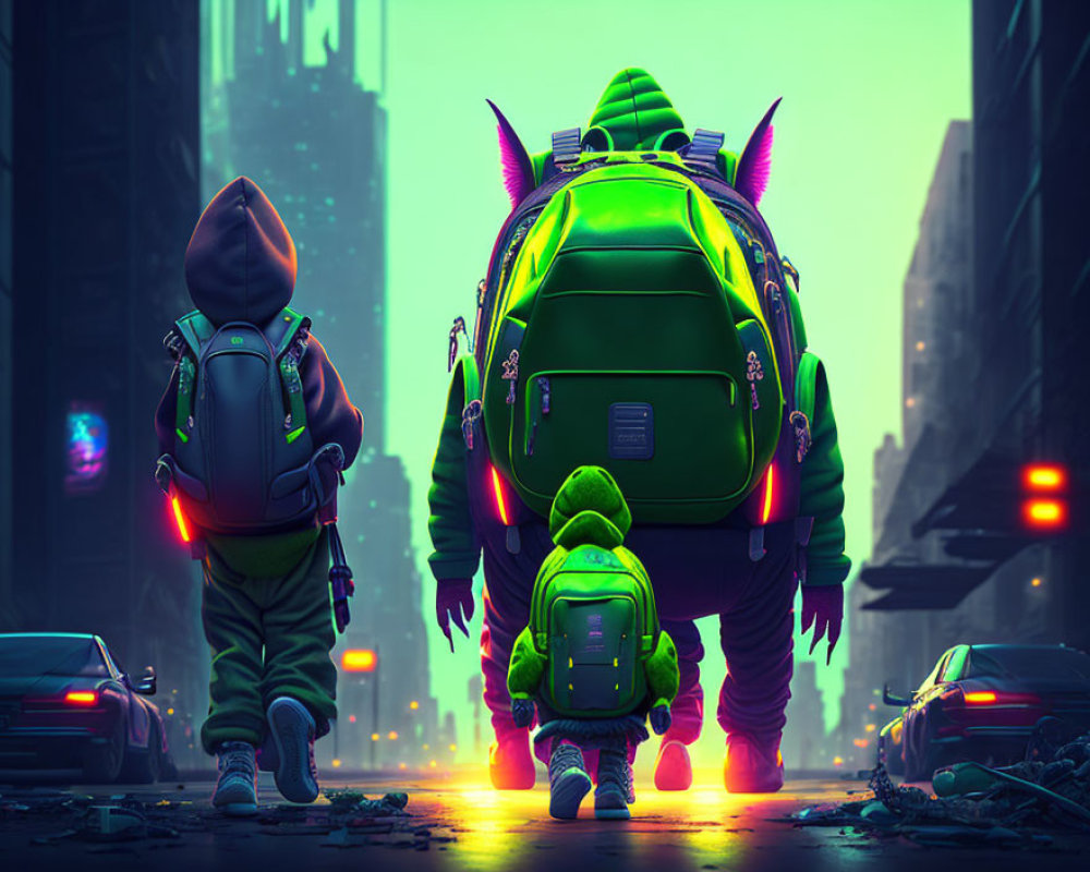 Three characters with glowing green backpacks in neon-lit cityscape.