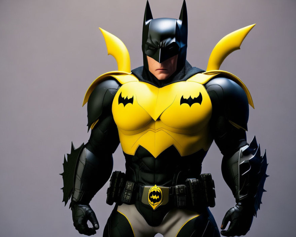 Sculpted Batman figure with armor suit, bat emblem, cowl ears, stern expression