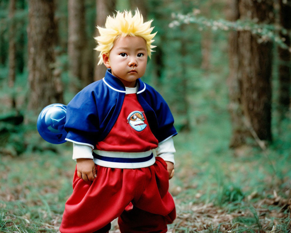 Toddler in Anime Character Costume with Spiky Yellow Hair in Forest