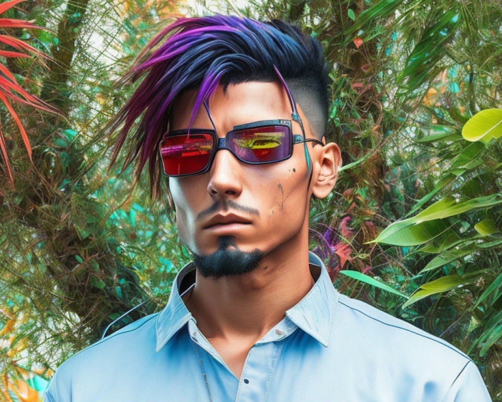 Stylish person with modern haircut and multicolored highlights in reflective sunglasses on vibrant tropical backdrop