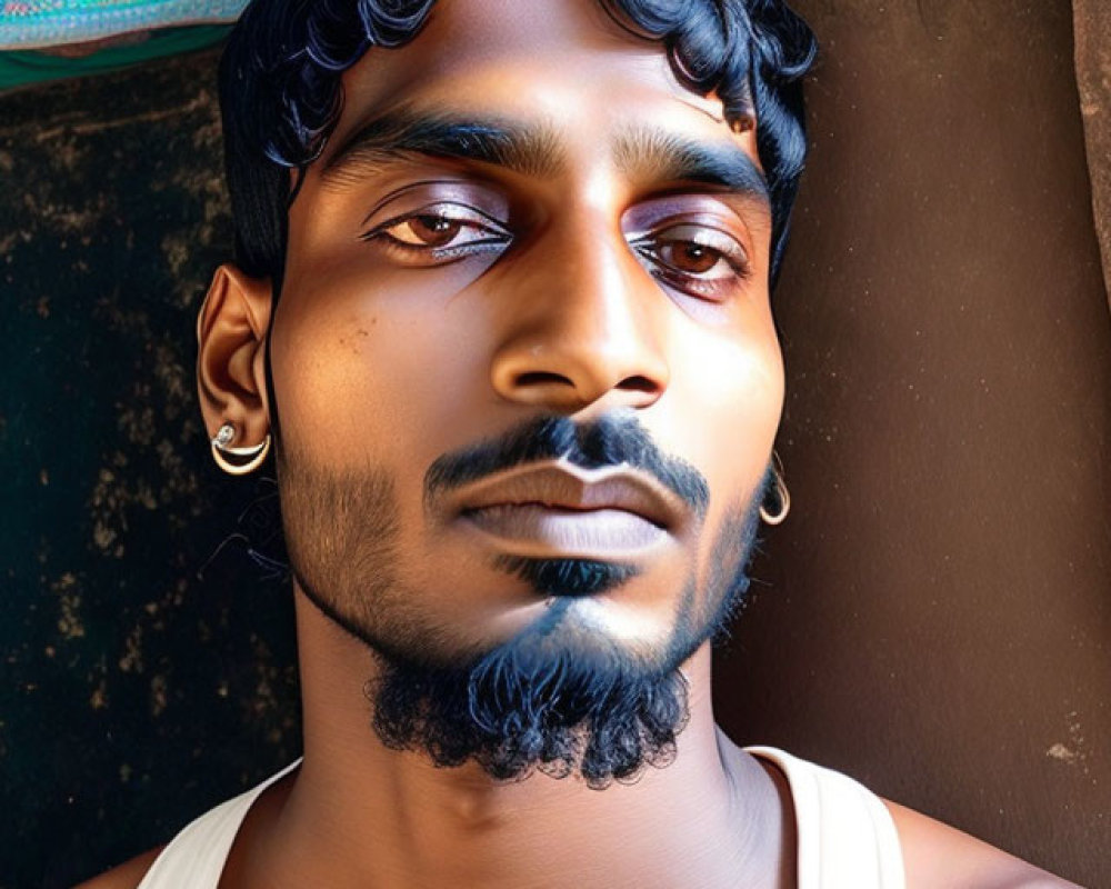 Dark-haired man with beard and hoop earrings in white tank top under sunlight.