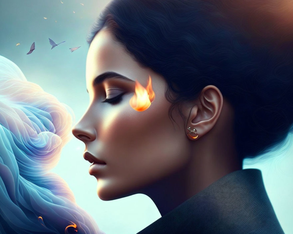 Digital artwork featuring two women in profile with fiery orange hues and cool blue tones, symbolizing contrasting elements