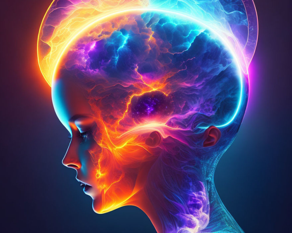 Colorful Brain in Human Head Profile: Digital Illustration of Thinking and Creativity