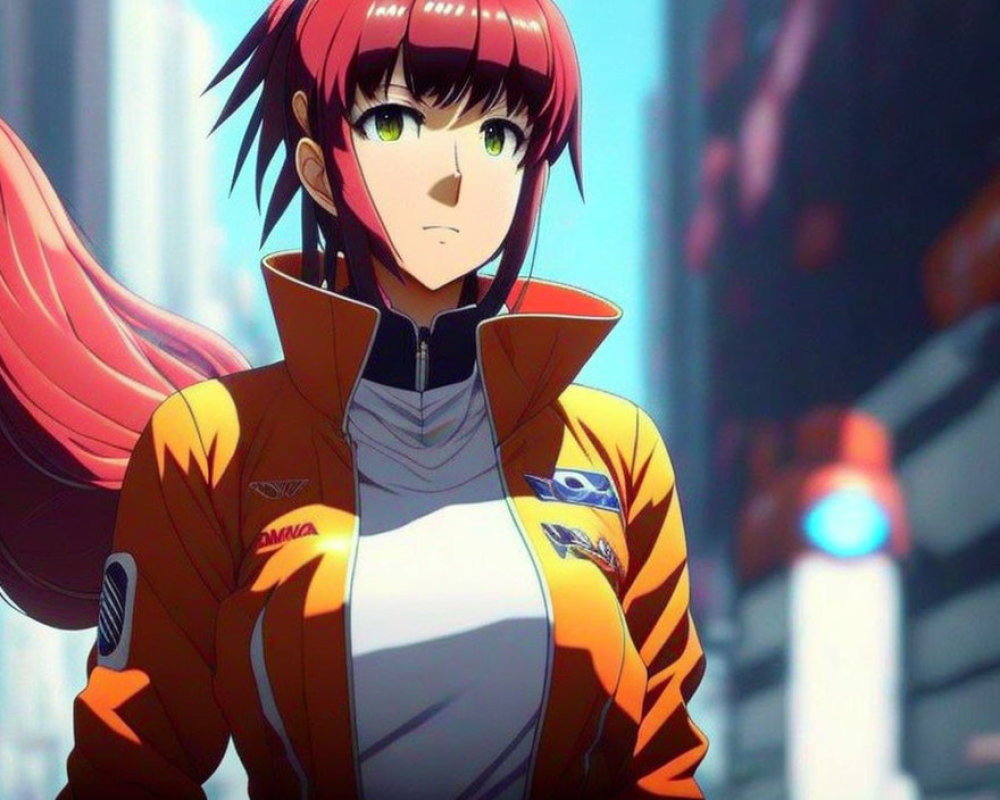 Anime character with red hair and green eyes in futuristic orange jumpsuit in city setting