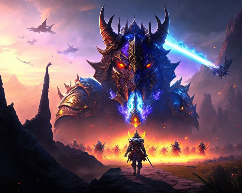 Warrior confronts colossal armored beast in fiery, dragon-filled landscape
