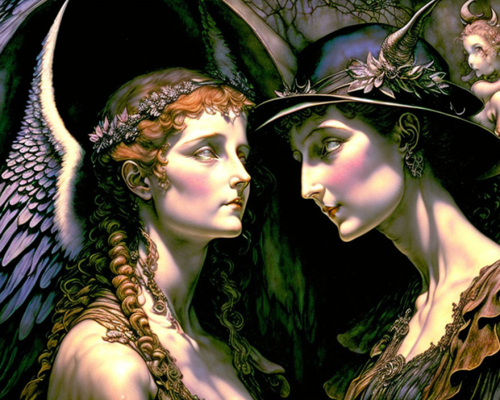 Intricately detailed female figures with ethereal wings and ornate headwear in mystical setting