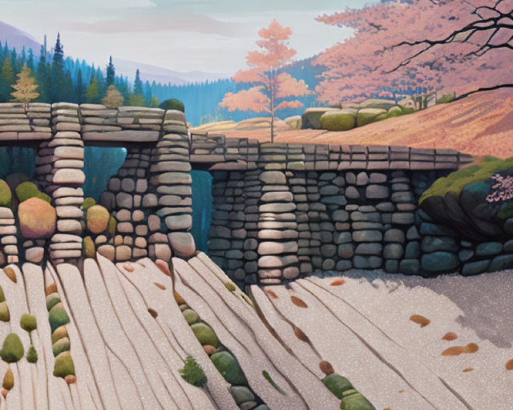 Stone bridge over stream surrounded by pink trees and mountains