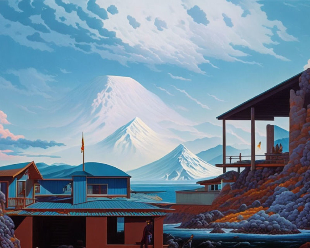 Japanese Village Painting with Mount Fuji and Sea View