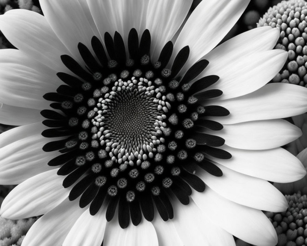 Sunflower close-up showcases radial patterns and petal-seed head contrast.
