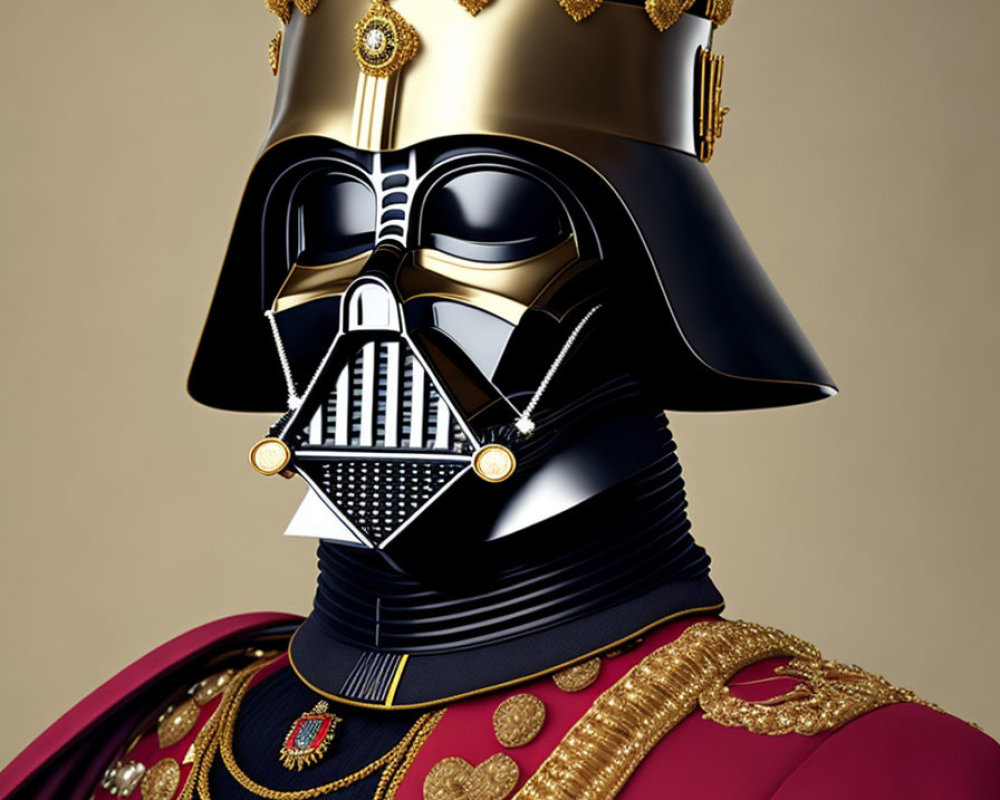 Stylized portrait: Darth Vader in royal crown and military uniform on tan background