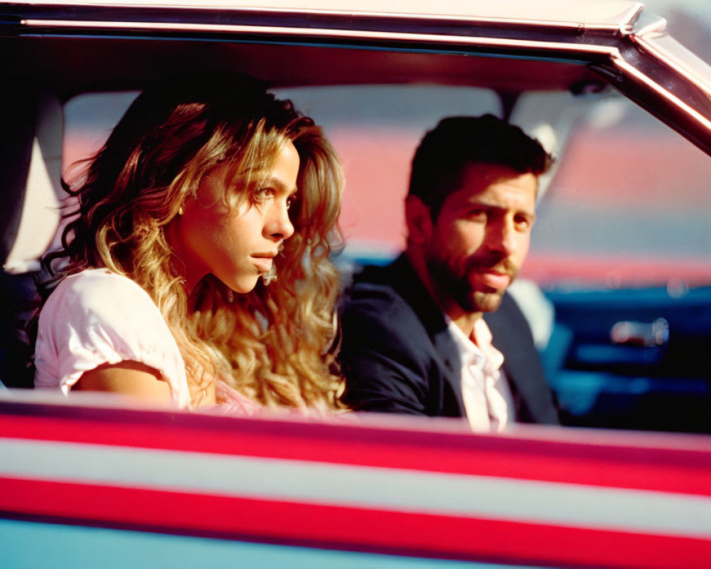 Man and woman in car with American flag, illuminated by warm light
