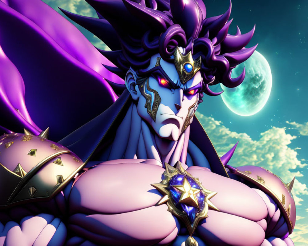 Muscular animated character in armor with purple spiky hair under full moon