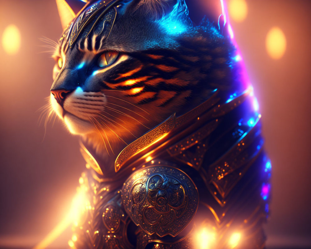 Majestic cat in ornate armor with blue eyes under warm lights