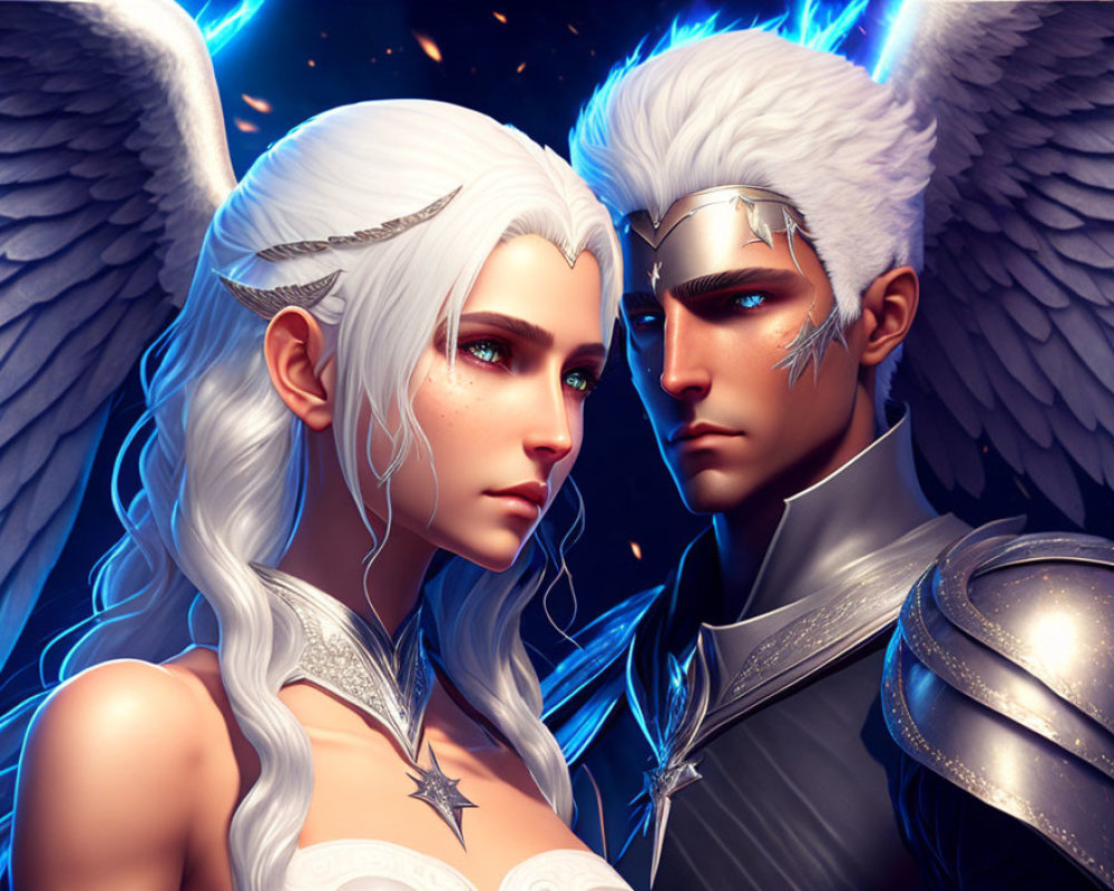 Celestial-themed digital art of male and female with white hair and wings in silver armor.