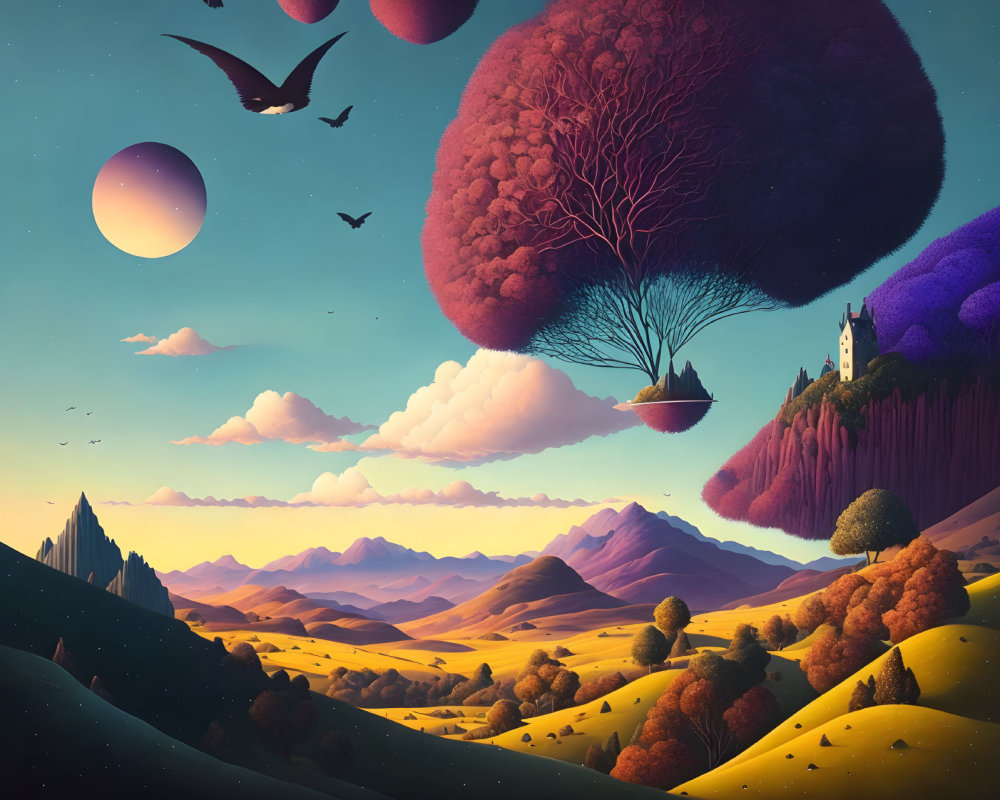 Whimsical landscape with floating islands, purple tree, castle, birds, hills, pastel sky