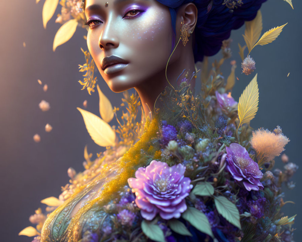 Vibrant digital artwork of woman with blue skin and elaborate floral headdress