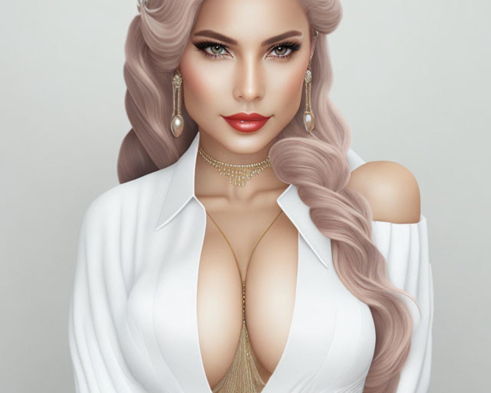 Voluminous pink hair woman in white blouse with choker and earrings