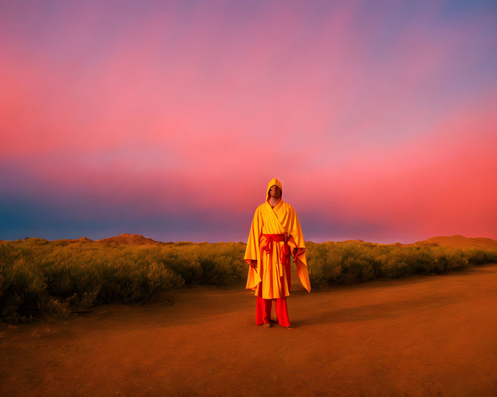 Person in Yellow Robe Standing in Desert Under Pink and Blue Sky