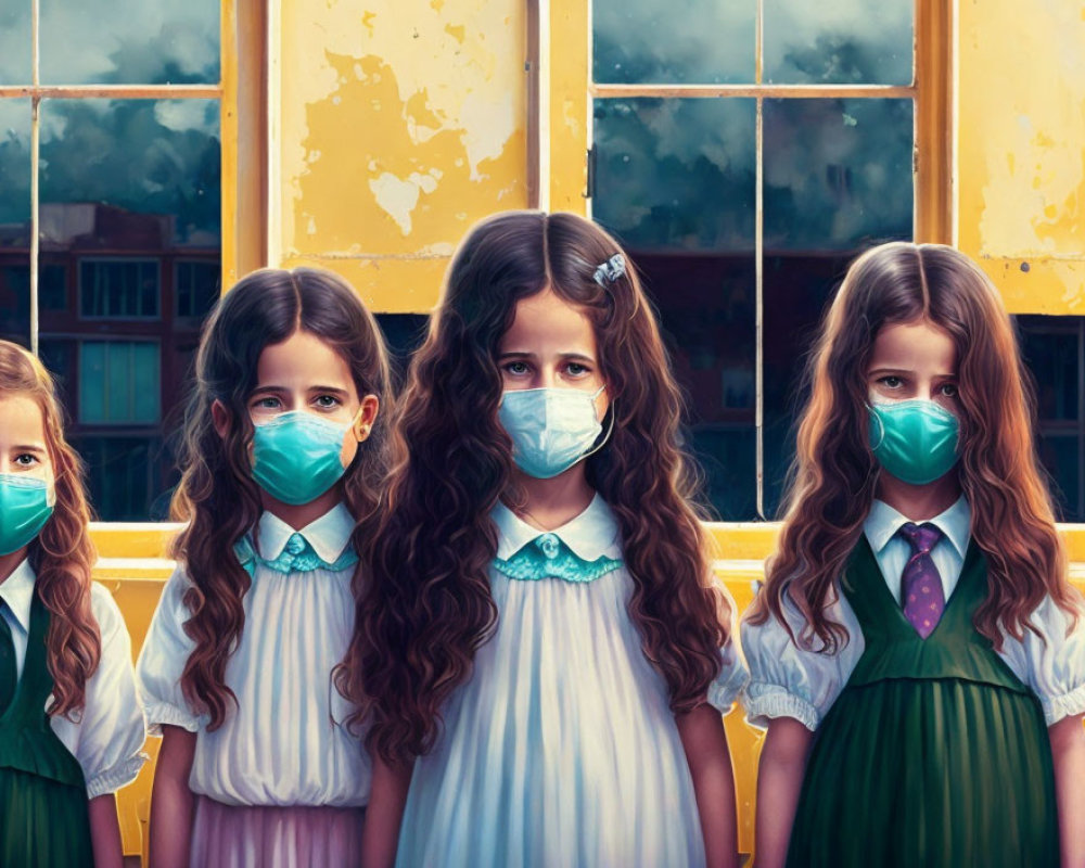 Four girls in masks in school uniforms by building with yellow windows