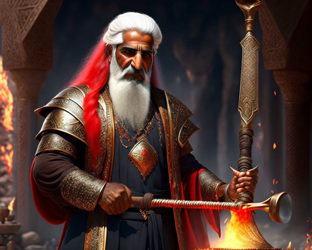 Bearded warrior in golden armor wields fiery sword by blazing hearth