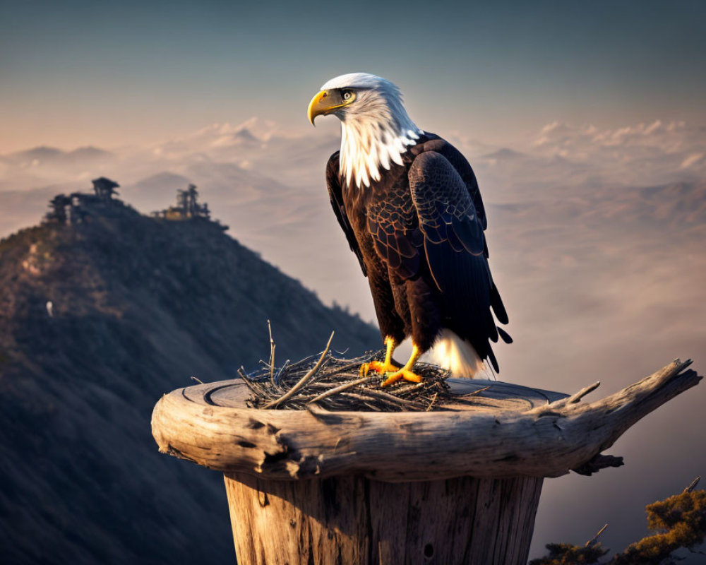Eagle perched on wooden post with hazy mountain backdrop