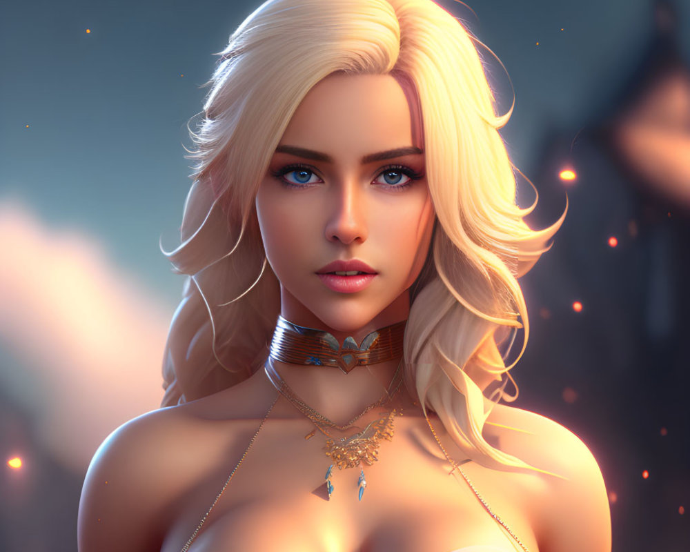 Blonde Woman Digital Art with Choker and Necklace on Glowing Background