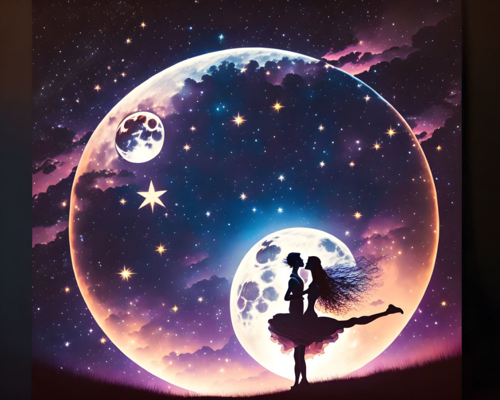 Silhouette of couple embracing under cosmic night sky