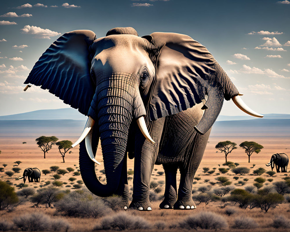 Imposing Elephant in Savanna Landscape with Trees and Blue Sky