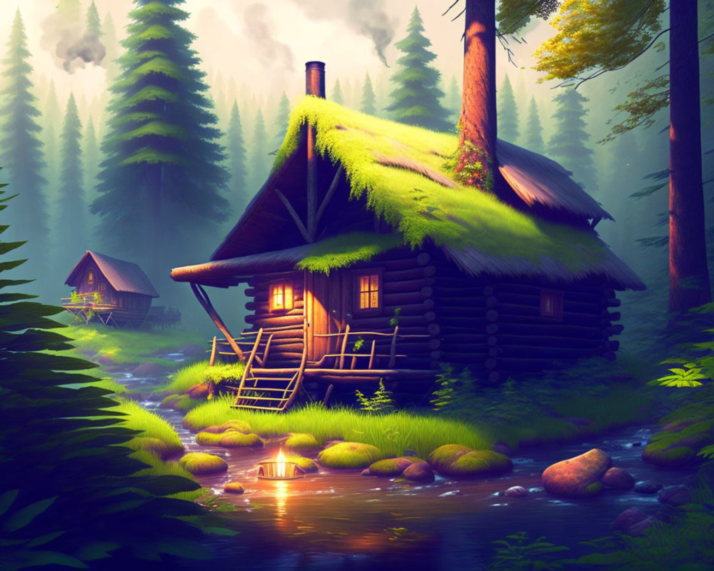 Rustic wooden cabin with moss-covered roof in misty forest