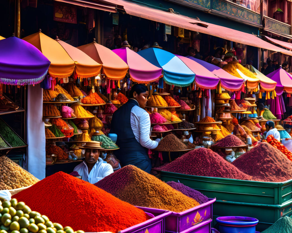 Colorful Spice Market with Vibrant Mounds and Bright Umbrellas