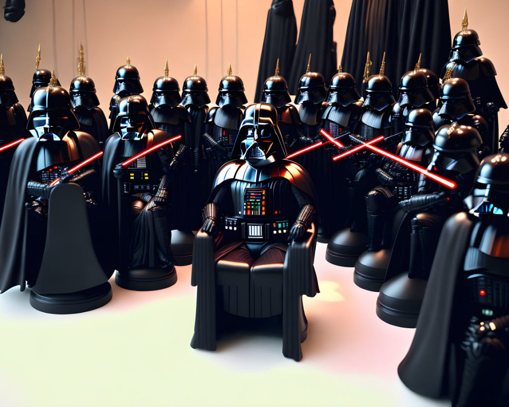 Black-clad figures with red lightsabers in dimly lit room led by central figure on throne