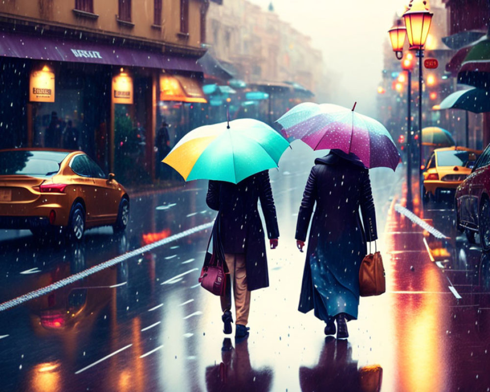 Colorful umbrellas on rain-soaked street with glowing streetlamps