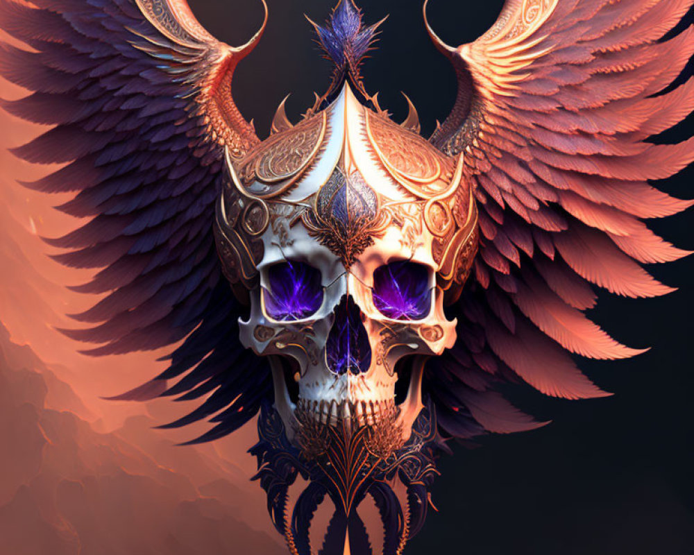 Skull with Gold Patterns, Gemstone Eyes, and Wings on Warm Background