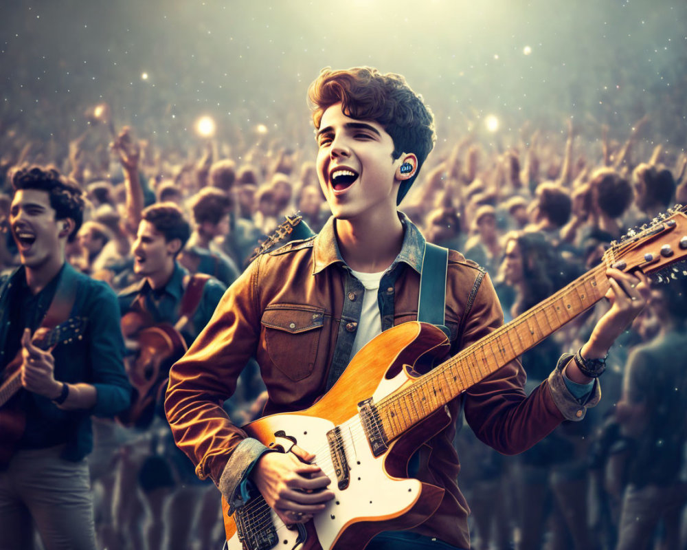 Young guitarist performs passionately at lively outdoor concert