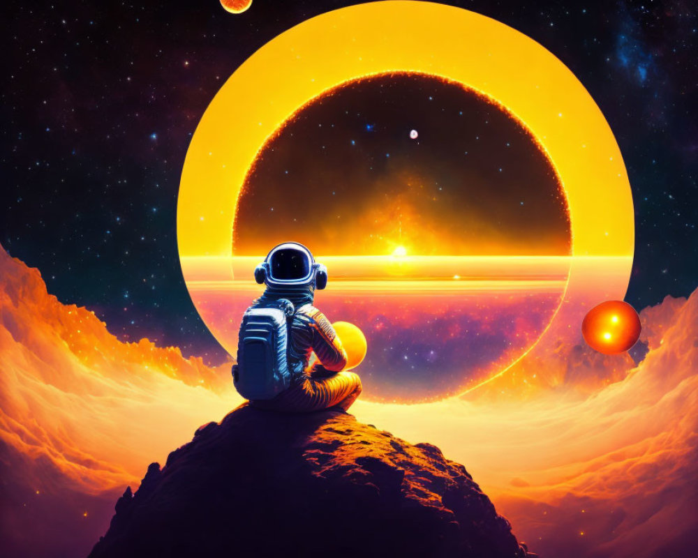 Astronaut admires sunrise from rocky peak in cosmic scene