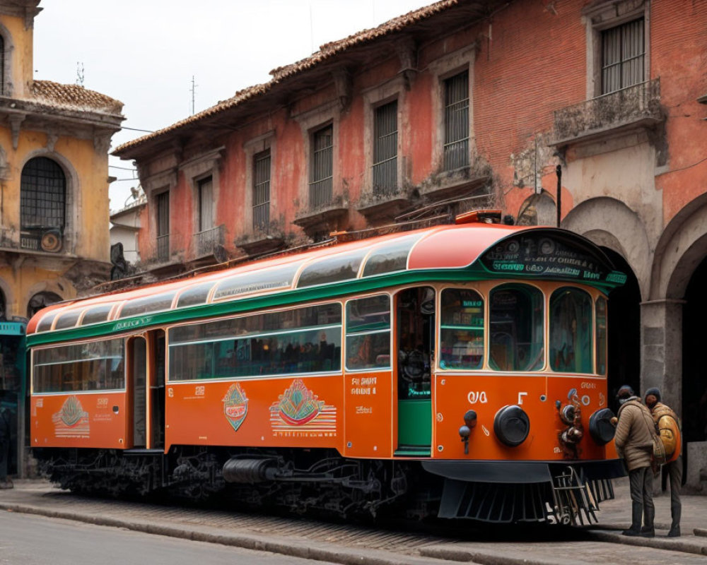 Vintage Orange and Green Tram Boarding Passengers in Front of Rustic Buildings