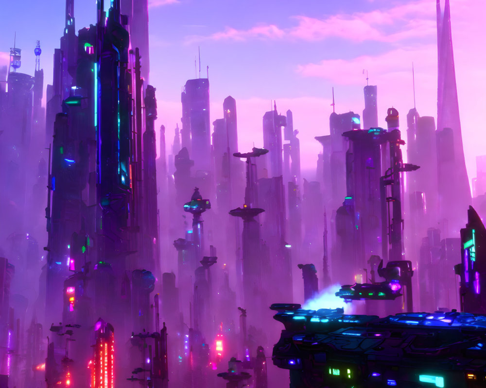 Neon-lit skyscrapers in futuristic twilight landscape