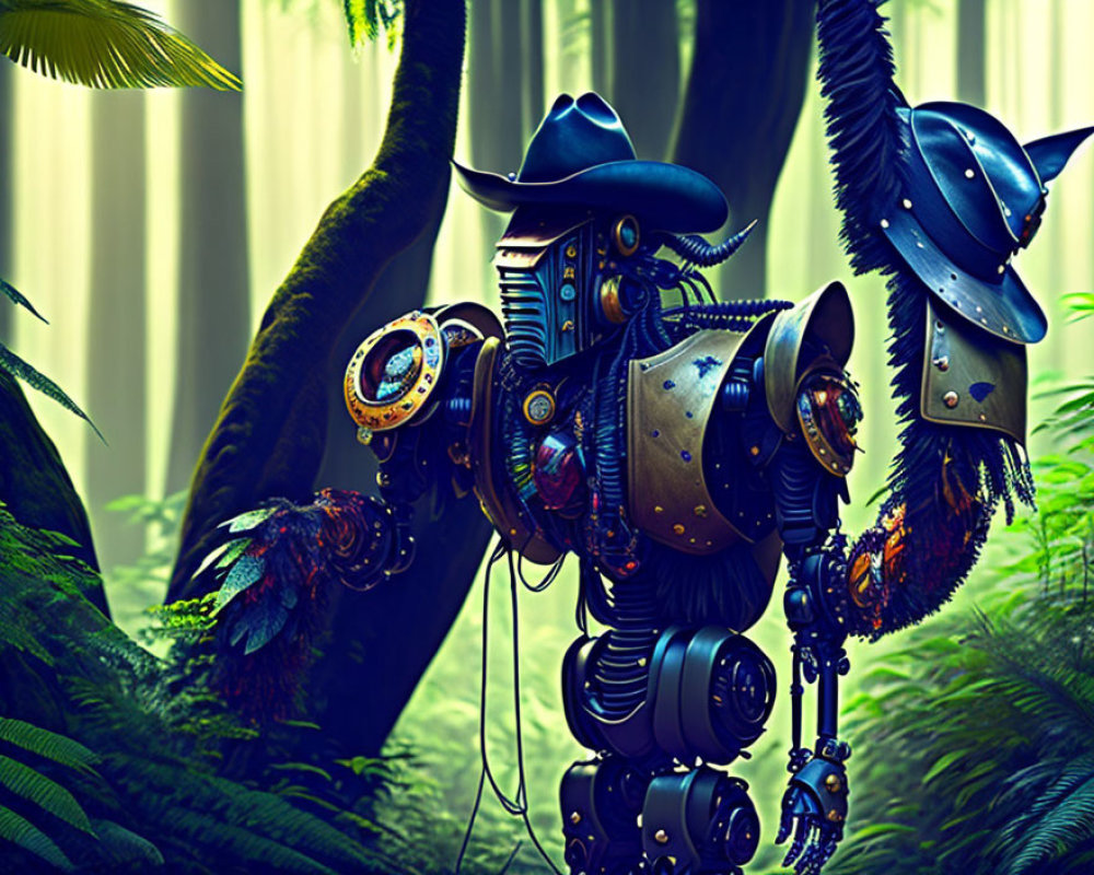 Steampunk-style robot with cowboy hat in lush jungle setting