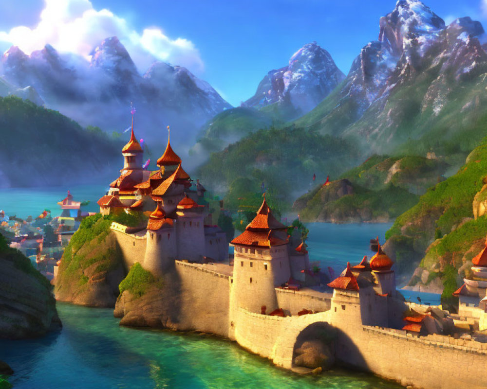 Fantasy landscape with walled castle, spires, river, mountains, and sky