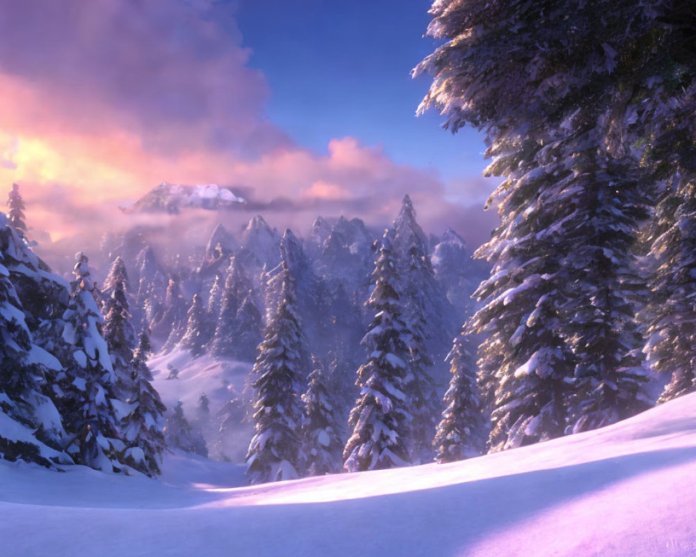 Winter pine forest with sunlit mountain peaks and pink-tinged clouds.