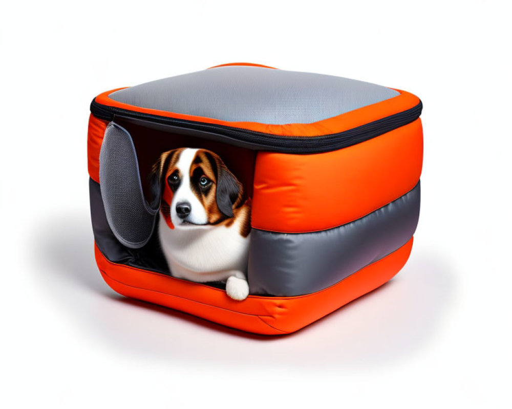 Dog peeking from orange and gray soft pet carrier on white background