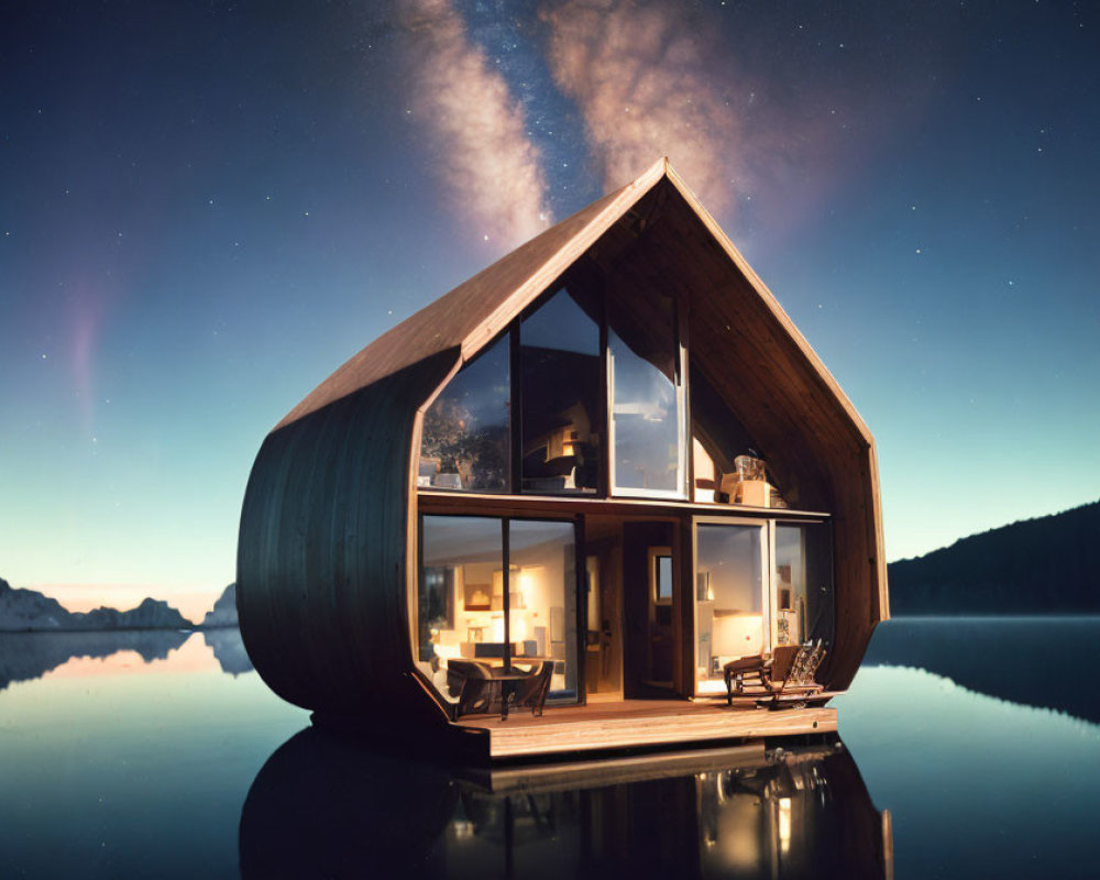 Modern A-frame cabin with large windows by tranquil lake under starry night sky