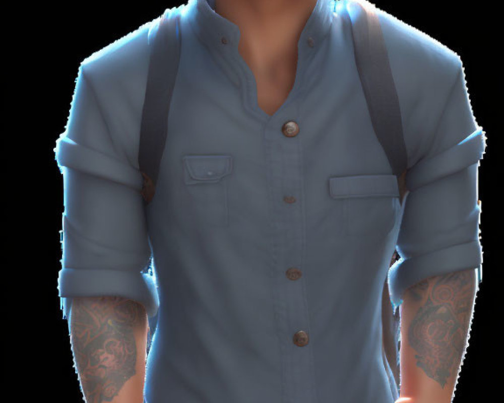 3D animated male character with blue eyes, tattoos, blue attire, and backpack