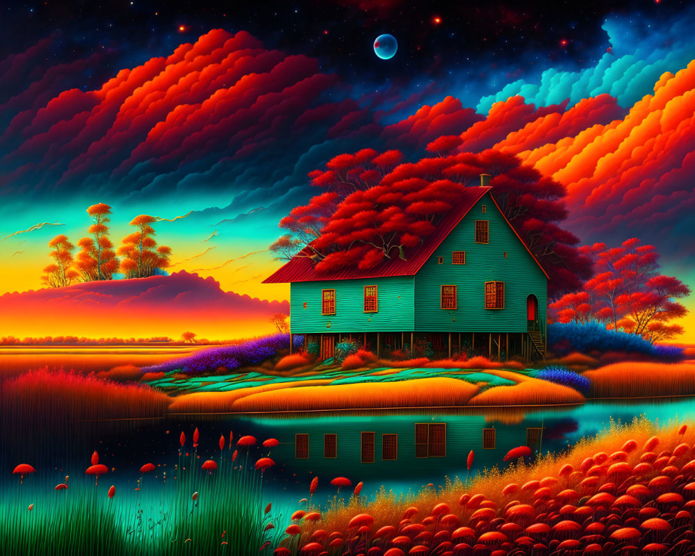 Surreal teal house in fiery red-orange landscape