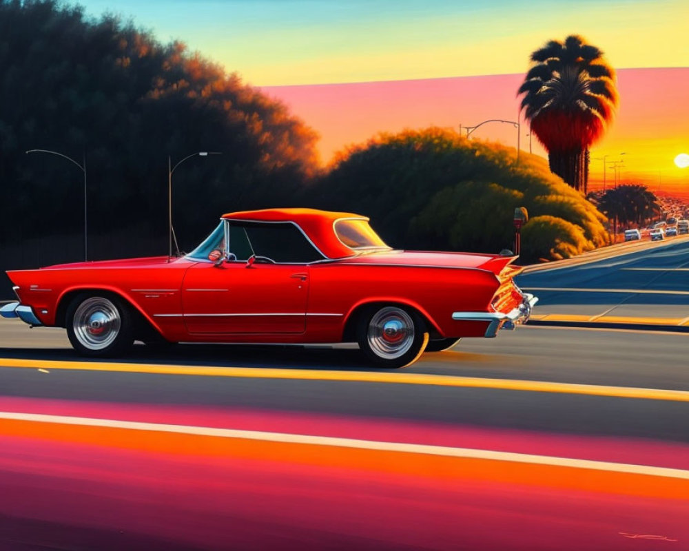 Red Convertible Driving on Road at Sunset with Palm Trees