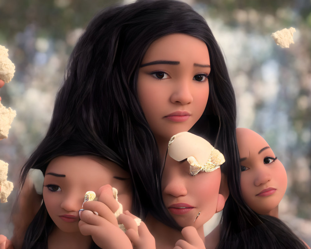 Illustration of girl and figures holding statue fragments in contemplative poses