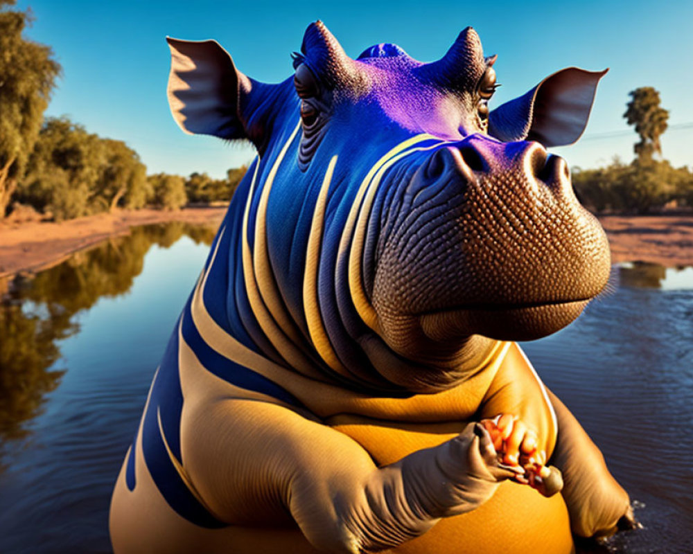 Colorful humanoid hippopotamus by riverbank holding heart