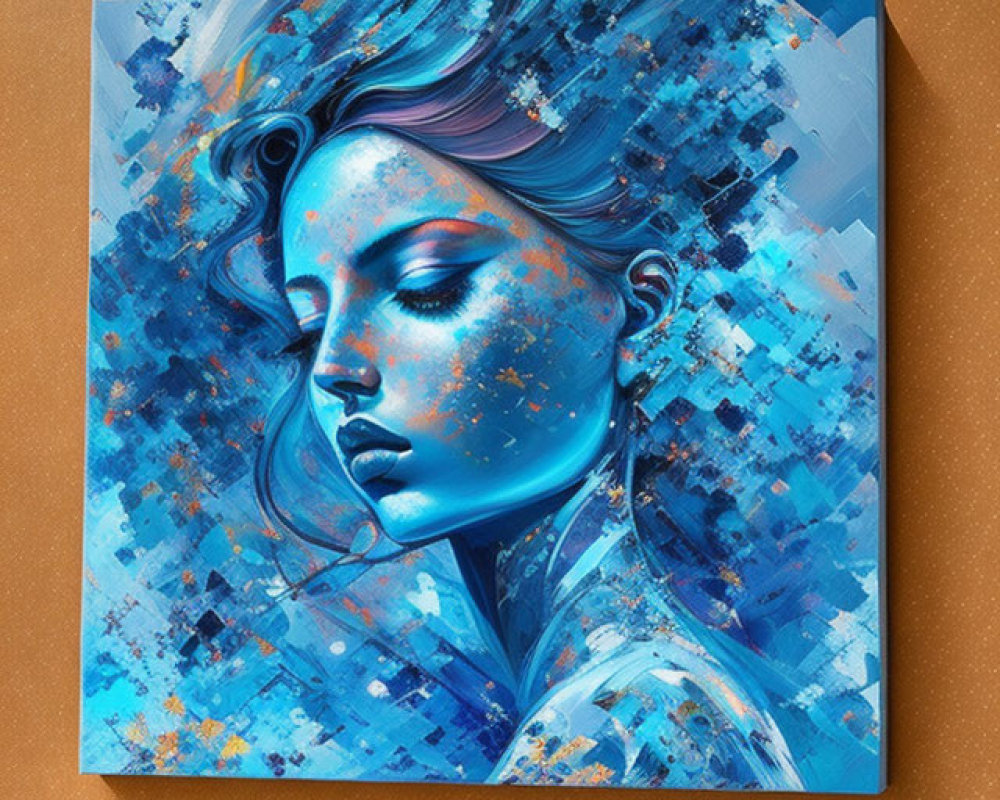 Colorful digital painting of woman in blue hues against textured orange wall