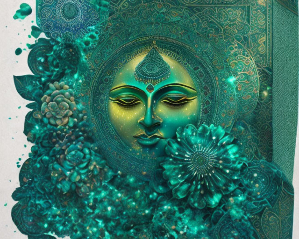 Golden face with teal patterns and flowers: mystical artwork.